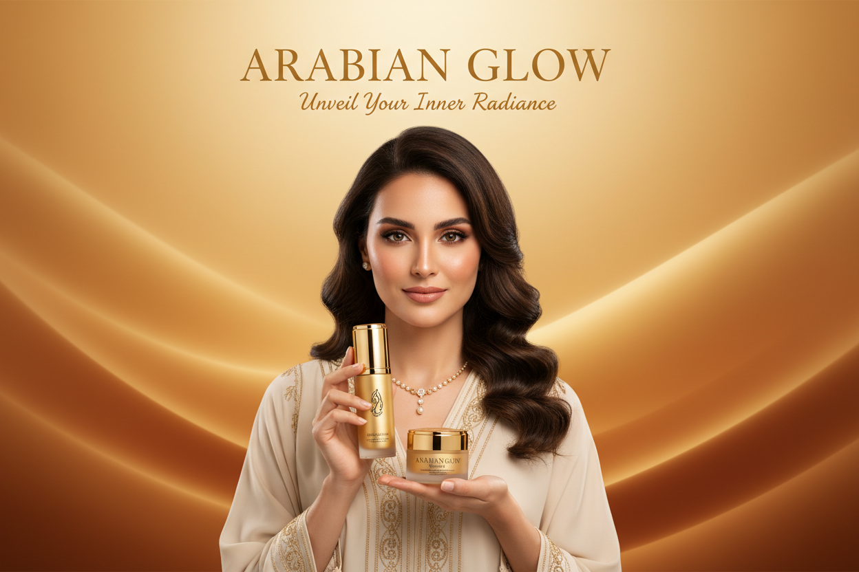 Luxury image banao. Us banner ka color yellow or orange hu, or us image me uae ki 1 larki ad karu or us larki ke hath me arabian glow ki products du